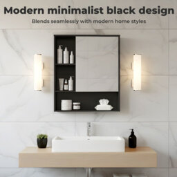 Levede Black Wooden Bathroom Wall Mounted Mirror Cabinet Storage Open Shelf - thumbnail 9