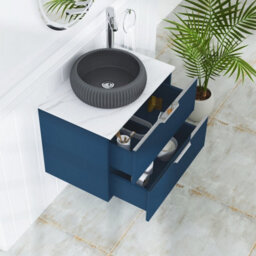 Royal Bathrooms Evora 700mm Midnight Blue Fluted Wall Hung Countertop Vanity Unit 2 Drawer With Milan Black Basin - thumbnail 3