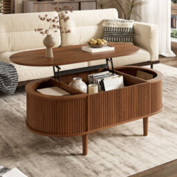 Btm Lift Top Oval Coffee Table, Height Adjustable Coffee Table With Storage, Vertical Fluted Design, Mdf - thumbnail 8