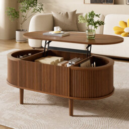 Btm Lift Top Oval Coffee Table, Height Adjustable Coffee Table With Storage, Vertical Fluted Design, Mdf