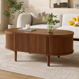 Btm Lift Top Oval Coffee Table, Height Adjustable Coffee Table With Storage, Vertical Fluted Design, Mdf - thumbnail 2