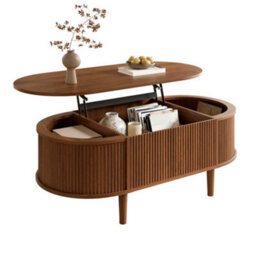 Btm Lift Top Oval Coffee Table, Height Adjustable Coffee Table With Storage, Vertical Fluted Design, Mdf - thumbnail 3