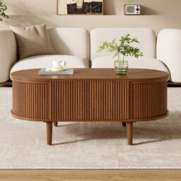 Btm Lift Top Oval Coffee Table, Height Adjustable Coffee Table With Storage, Vertical Fluted Design, Mdf - thumbnail 7