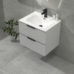 Royal Bathrooms Evora 600mm Matt White Fluted Wall Hung Bathroom Vanity Unit 2 Drawer Cabinet Storage With Ceramic Basin & Matt Black Handles - thumbnail 6