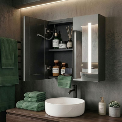 Beliani Bath Mirror Cabinet Black Plywood 60 X 60Cm Led, 2-Door Wall-Mounted - image 1