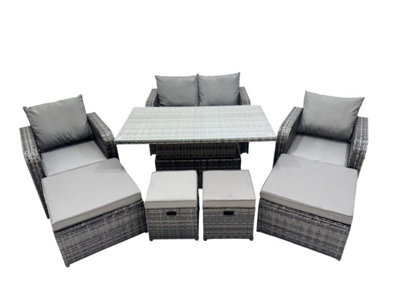 Fimous 8-Seater Patio Height Adjustable Rising Lifting Table Sofa Sets Rattan Garden Furniture Dining Set With 4 Footstool - image 1