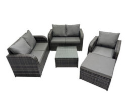 Fimous Rattan Garden Outdoor Furniture Set Love Sofa Square Coffee Table Set With Big Stool Dark Grey Mixed - thumbnail 1