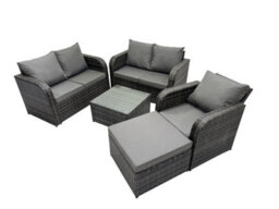 Fimous Rattan Garden Outdoor Furniture Set Love Sofa Square Coffee Table Set With Big Stool Dark Grey Mixed - thumbnail 2