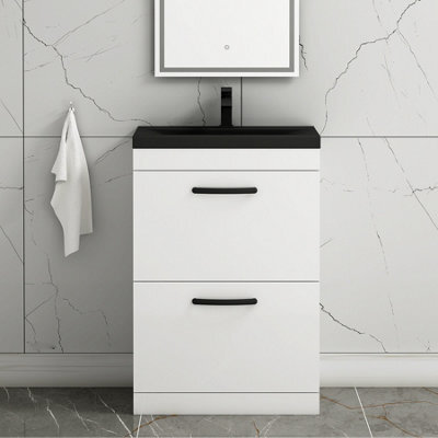 Royal Bathrooms Turin 600mm Floor Standing Vanity Unit 2 Drawer Gloss White With Black Basin & Handles - image 1