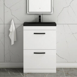 Royal Bathrooms Turin 600mm Floor Standing Vanity Unit 2 Drawer Gloss White With Black Basin & Handles - thumbnail 4