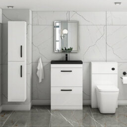 Royal Bathrooms Turin 600mm Floor Standing Vanity Unit 2 Drawer Gloss White With Black Basin & Handles - thumbnail 5