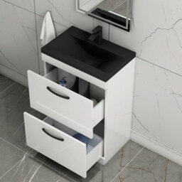 Royal Bathrooms Turin 600mm Floor Standing Vanity Unit 2 Drawer Gloss White With Black Basin & Handles - thumbnail 6