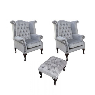 Chesterfield 2 X Wing Chairs + Footstool Perla Illusions Grey Velvet In Queen Anne Style