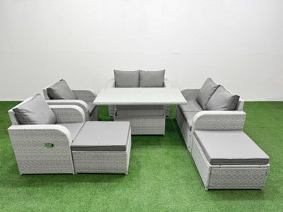 Fimous 8 Seater Outdoor Reclining Chair Love Sofa Set Rattan Garden Furniture Set Adjustable Lifting Table 2 Big Footstools - image 1