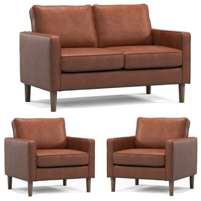 Furnishings For Less UK Bexhill Tan Faux Leather 3 Piece Sofa Suite 2 Seater And 2 Armchairs - image 1