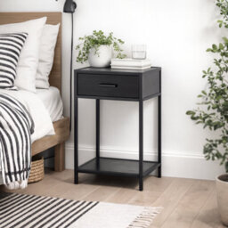 Wyld Haus El Paso Black Bedside Table 1 Drawer With Bottom Shelf, Ash Black Laminate