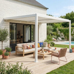 Sweeek - Lean To Pergola With Louvered Roof Aluminium 4 X 3M Palace White - thumbnail 1