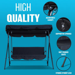 3 Seater Garden Swing Chair Seat Hammock Outdoor Metal Terrace Canopy Bench Black - thumbnail 5