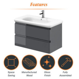 Plum&clay Marvel Gloss Dark Grey Wall Hung Bathroom Vanity Unit With Round Resin Basin (W)900mm - thumbnail 6