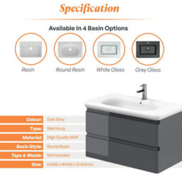Plum&clay Marvel Gloss Dark Grey Wall Hung Bathroom Vanity Unit With Round Resin Basin (W)900mm - thumbnail 5