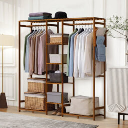 Darphe Brown Freestanding Wooden Clothes Rack With Side Hooks