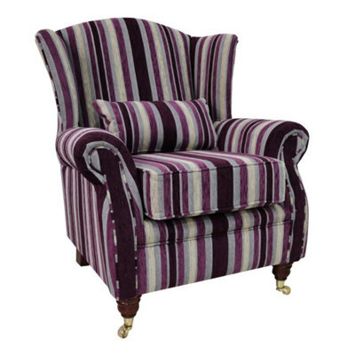 Wing Chair Handmade Fireside High Back Armchair Justin Stripe Aubergine Real Fabric - image 1