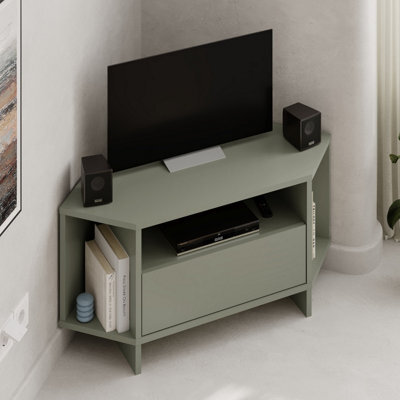 Decortie Modern Viva Corner Tv Unit Shelf Up To 36 Inch Tvs Push To Open Storage Cabinet, 3 Open Shelf 95.7(W)Cm Ash Green - image 1