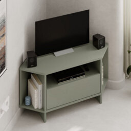 Decortie Modern Viva Corner Tv Unit Shelf Up To 36 Inch Tvs Push To Open Storage Cabinet, 3 Open Shelf 95.7(W)Cm Ash Green