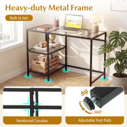 Gainoom Tempered Glass Computer Desk Black Modern Office Desk With Storage Shelves - thumbnail 9