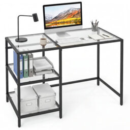 Gainoom Tempered Glass Computer Desk Black Modern Office Desk With Storage Shelves