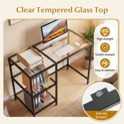 Gainoom Tempered Glass Computer Desk Black Modern Office Desk With Storage Shelves - thumbnail 5