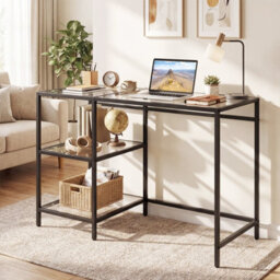 Gainoom Tempered Glass Computer Desk Black Modern Office Desk With Storage Shelves - thumbnail 3