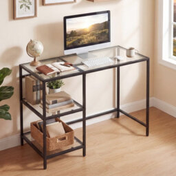 Gainoom Tempered Glass Computer Desk Black Modern Office Desk With Storage Shelves - thumbnail 6