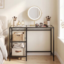 Gainoom Tempered Glass Computer Desk Black Modern Office Desk With Storage Shelves - thumbnail 7