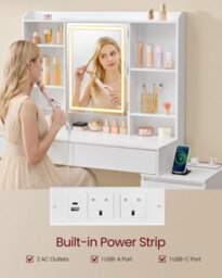 Ledrem Dressing Table With Led Mirror And Storage, Makeup Desk With 6 Drawers And Power Outlet, 105 X 40 X 145 Cm, White - thumbnail 4