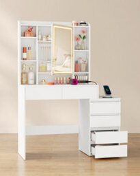 Ledrem Dressing Table With Led Mirror And Storage, Makeup Desk With 6 Drawers And Power Outlet, 105 X 40 X 145 Cm, White - thumbnail 1