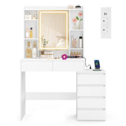 Ledrem Dressing Table With Led Mirror And Storage, Makeup Desk With 6 Drawers And Power Outlet, 105 X 40 X 145 Cm, White - thumbnail 2