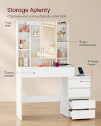 Ledrem Dressing Table With Led Mirror And Storage, Makeup Desk With 6 Drawers And Power Outlet, 105 X 40 X 145 Cm, White - thumbnail 3