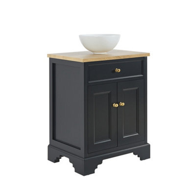 Homestylestore 645mm Black Grey And Oak Bathroom Vanity Unit With Round Countertop Basin And Gold Round Handles - image 1