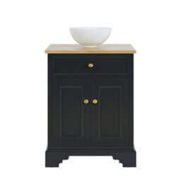Homestylestore 645mm Black Grey And Oak Bathroom Vanity Unit With Round Countertop Basin And Gold Round Handles - thumbnail 2