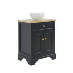 Homestylestore 645mm Black Grey And Oak Bathroom Vanity Unit With Round Countertop Basin And Gold Round Handles - thumbnail 1