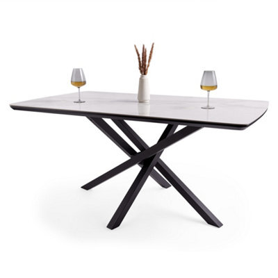 Spinningfield Dining Table, 6 Seater Kitchen Table For Dining Room, Marble Effect & Black Cross Legs, W160 X D90Cm, Atherton - image 1