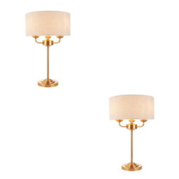 Loops Elegant Vintage Brass Table Lamp Set With Natural Linen Shades - Perfect For Home Decor - 2 Pack