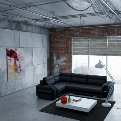 Assan Sectional Sofa With Ottoman Sleeping Function Dl Mechanism 2 Storage Bar Loose Cushions Dark Grey And Black Left Side - image 1