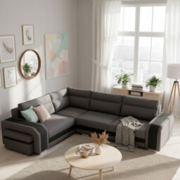 Assan Sectional Sofa With Ottoman Sleeping Function Dl Mechanism 2 Storage Bar Loose Cushions Dark Grey And Black Left Side - thumbnail 2