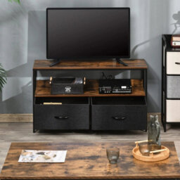 Brown Tv Console Cabinet With 2 Foldable Linen Storage Drawers - thumbnail 4