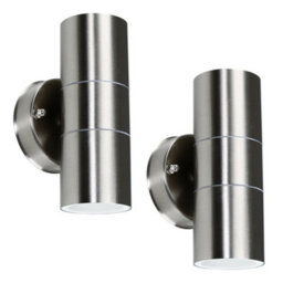 Valuelights Gainsford Pair Of Modern Ip44 Rated Brushed Chrome Outdoor Garden Up Down Security Wall Lights