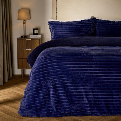 Ohs Ribbed Duvet Cover Faux Fur Winter Warm Bedding Set, Navy - King - image 1