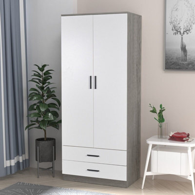 Urbnliving 180Cm Tall Wooden 2 Door Wardrobe Ash Grey Carcass And White Drawers With 2 Drawers Bedroom Storage Hanging Bar Clothes - image 1