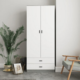 Urbnliving 180Cm Tall Wooden 2 Door Wardrobe Ash Grey Carcass And White Drawers With 2 Drawers Bedroom Storage Hanging Bar Clothes - thumbnail 2